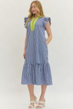 Gingham Flutter Sleeve Midi Dress  Indigo