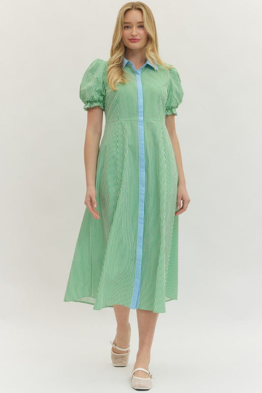 Green Stripe Dress w/Blue Contrast Collar and Trim
