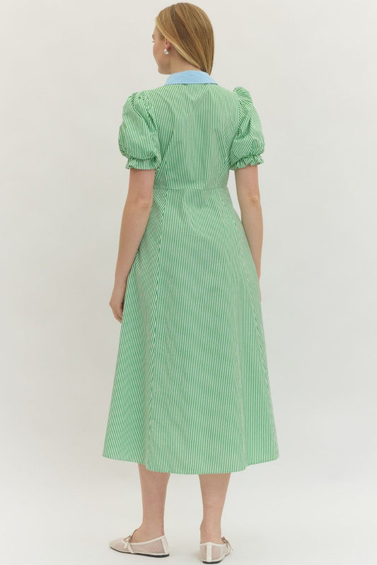 Green Stripe Dress w/Blue Contrast Collar and Trim