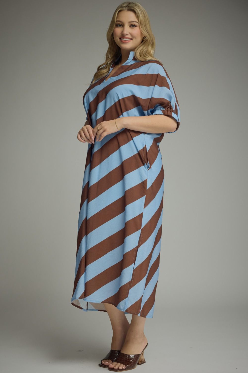 Diagonal Stripe Brown & Blue Midi Dress