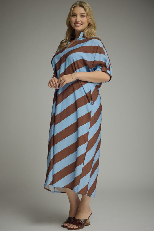 Diagonal Stripe Brown & Blue Midi Dress