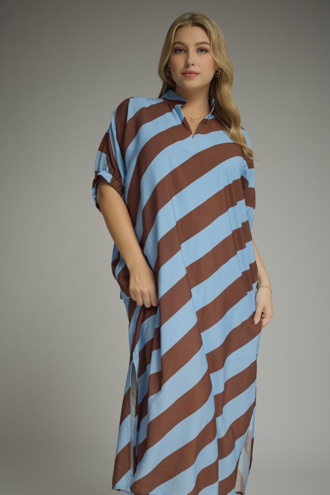 Diagonal Stripe Brown & Blue Midi Dress