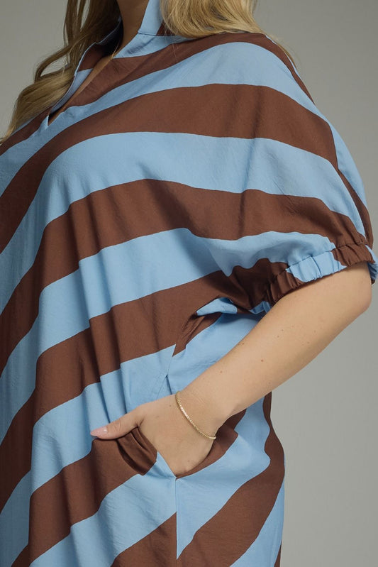 Diagonal Stripe Brown & Blue Midi Dress