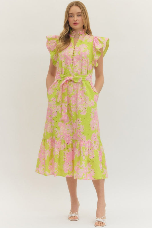 Floral Print Flutter Sleeve Midi Dress
