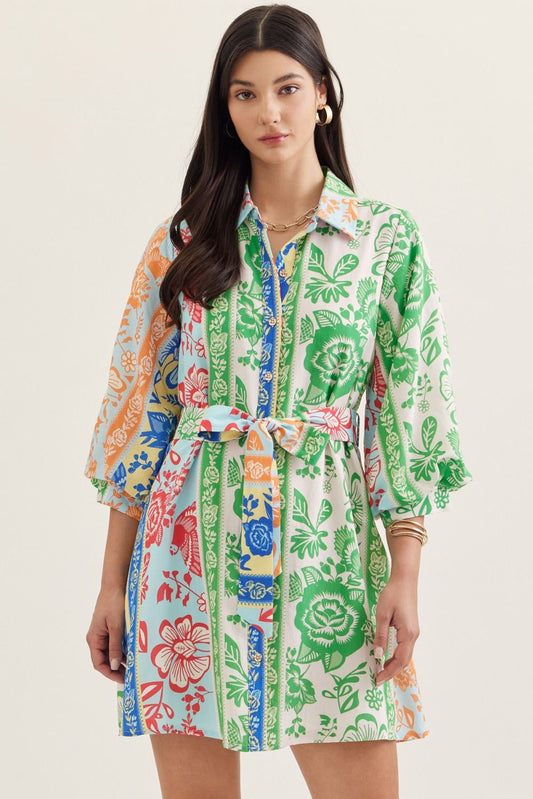 Green Multi Botanical Stripe Dress