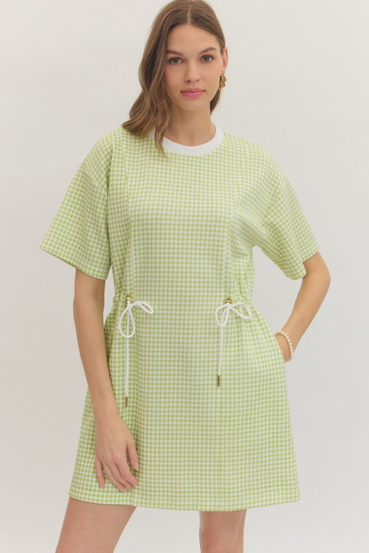 Gingham Check Print Mini Dress - Celery
