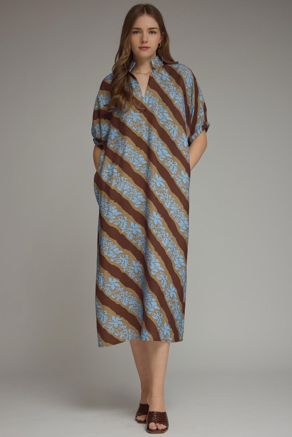 Brown and Blue Floral Midi Dress