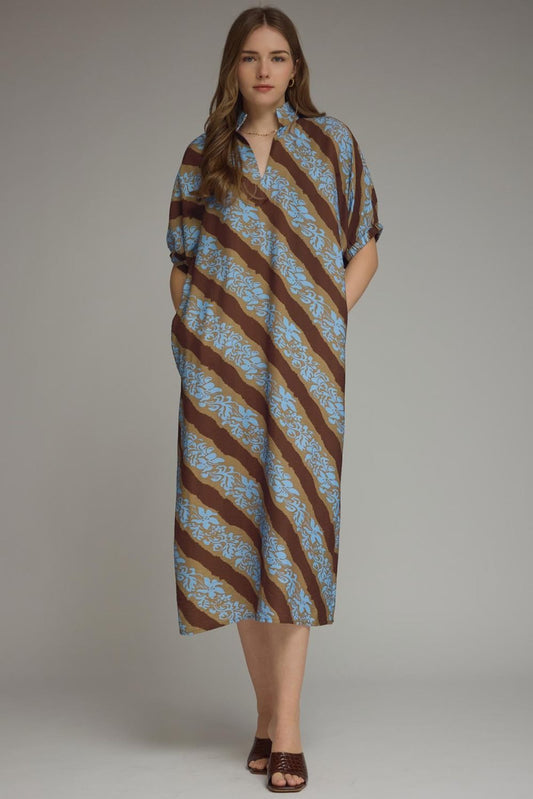 Brown and Blue Floral Midi Dress