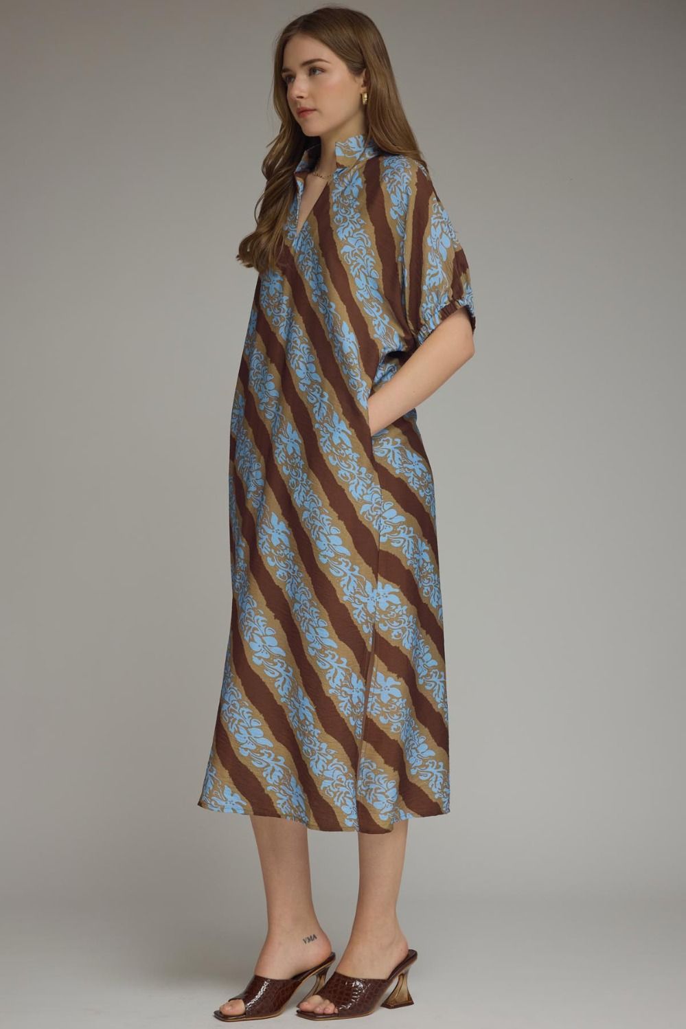 Brown and Blue Floral Midi Dress