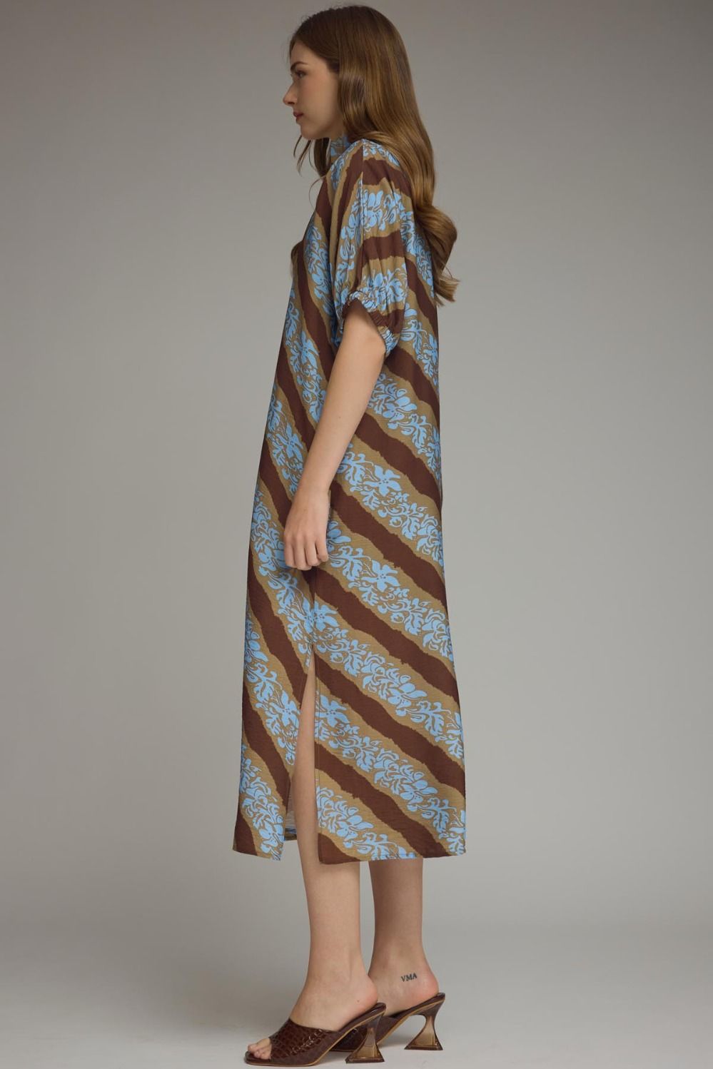 Brown and Blue Floral Midi Dress