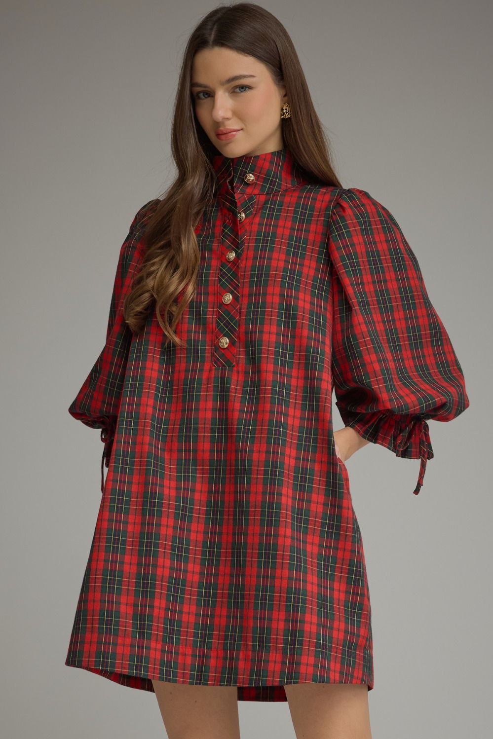 Plaid 3/4 Balloon Sleeve Mini Dress