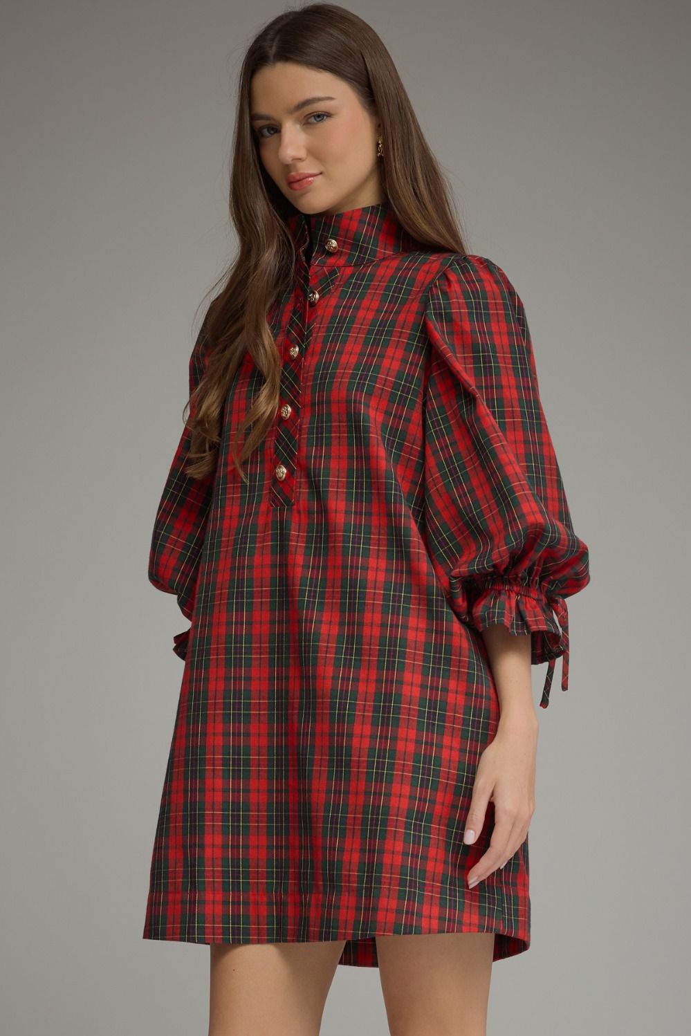 Plaid 3/4 Balloon Sleeve Mini Dress