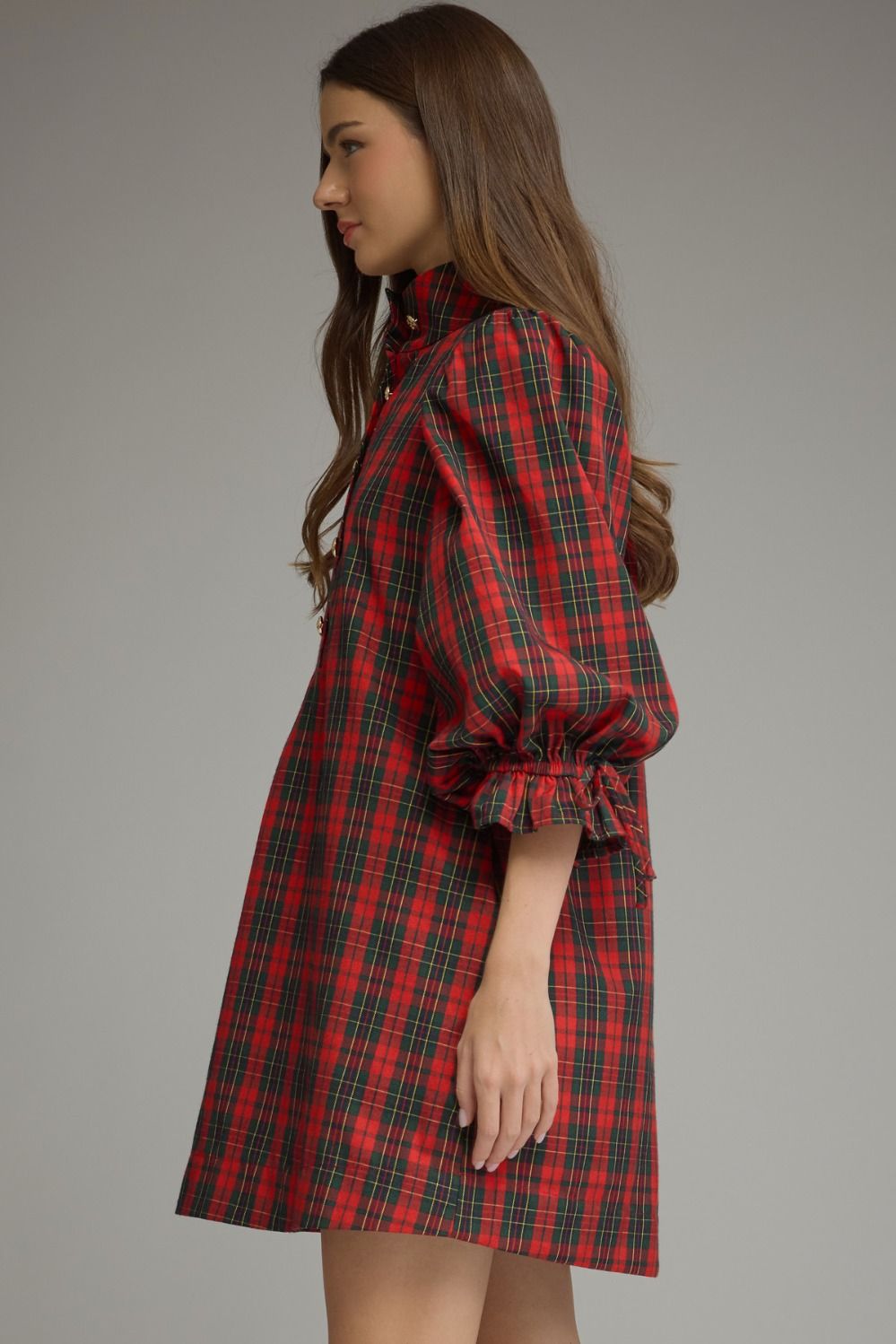 Plaid 3/4 Balloon Sleeve Mini Dress
