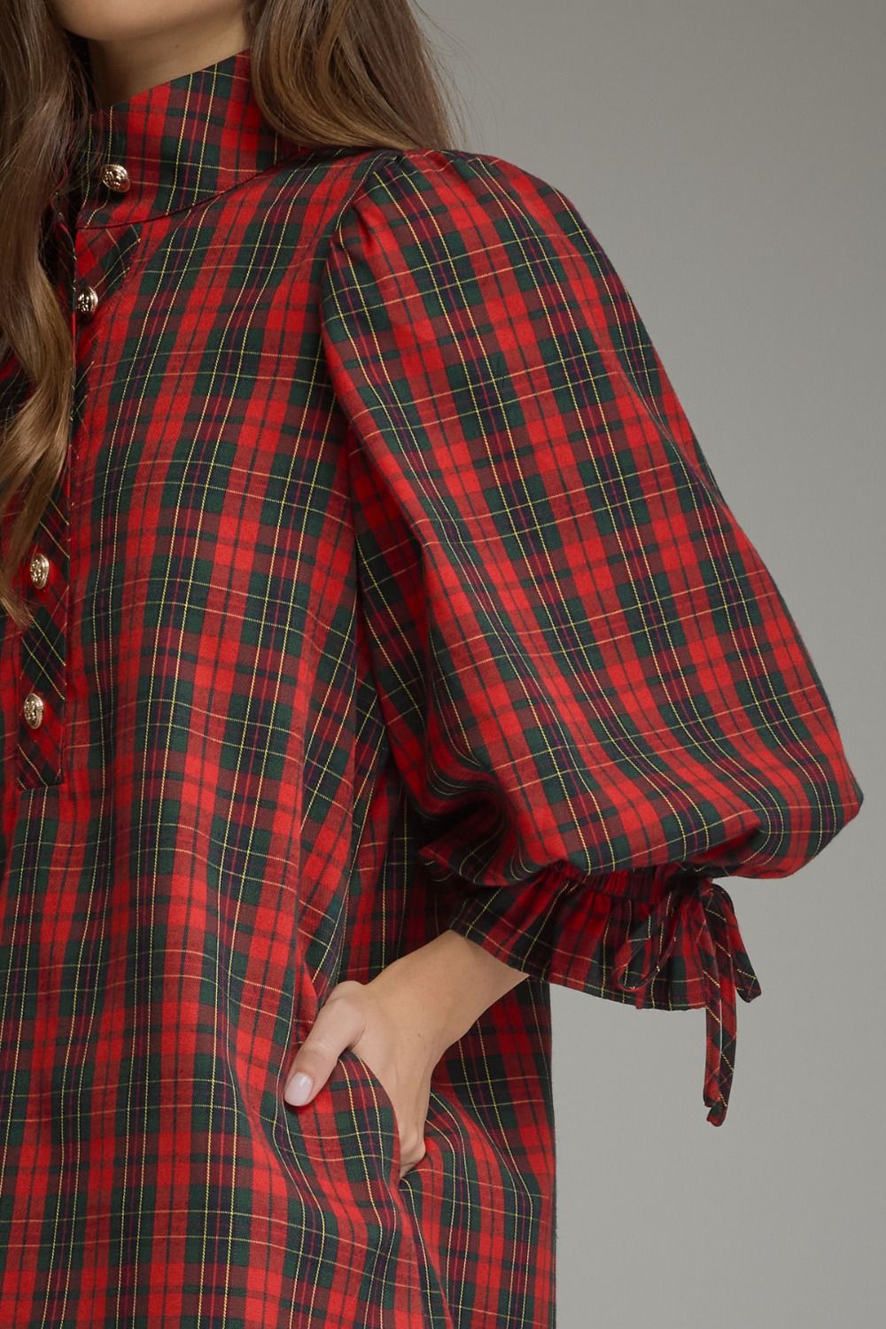 Plaid 3/4 Balloon Sleeve Mini Dress