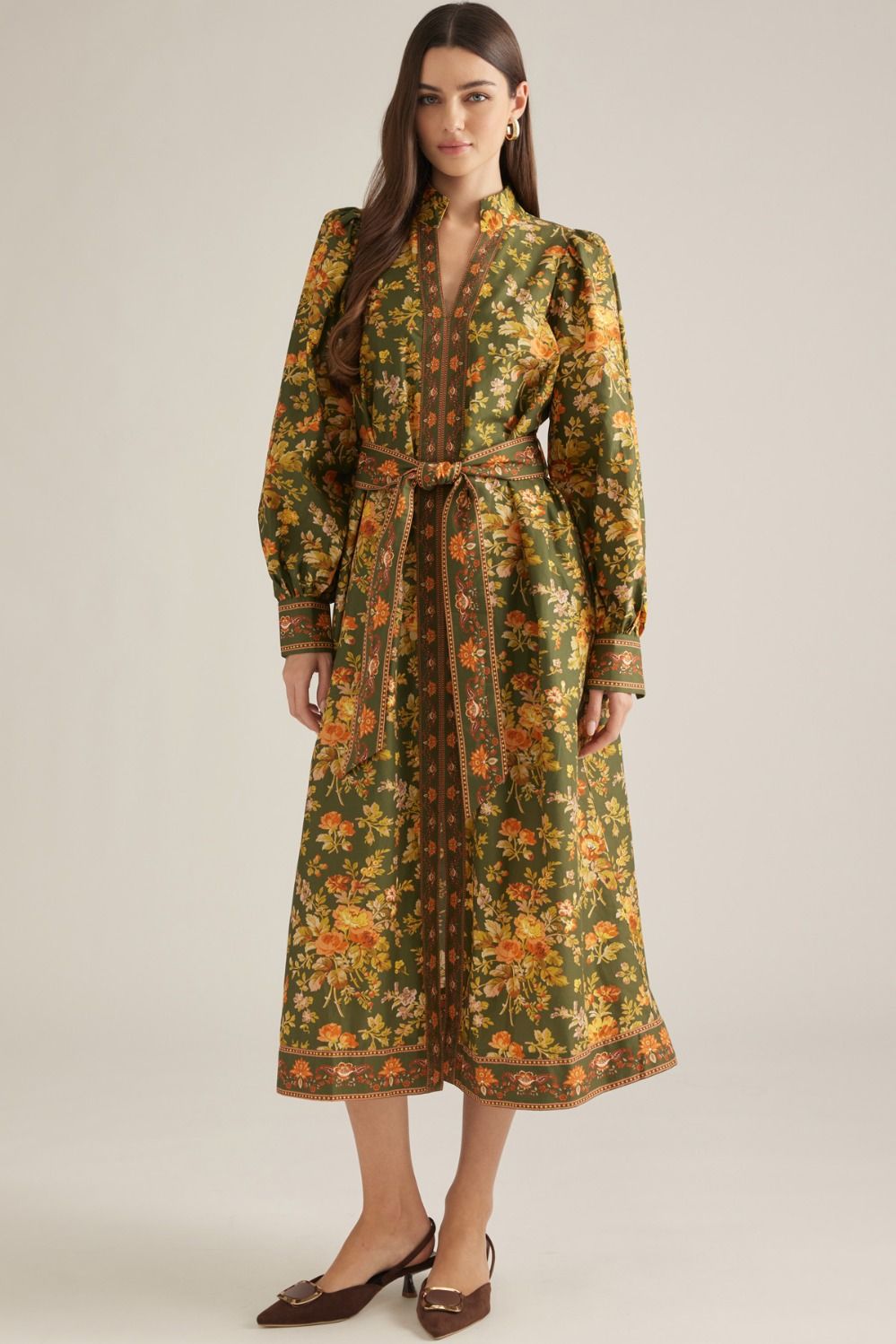 Floral Long Puff Sleeve Midi Dress