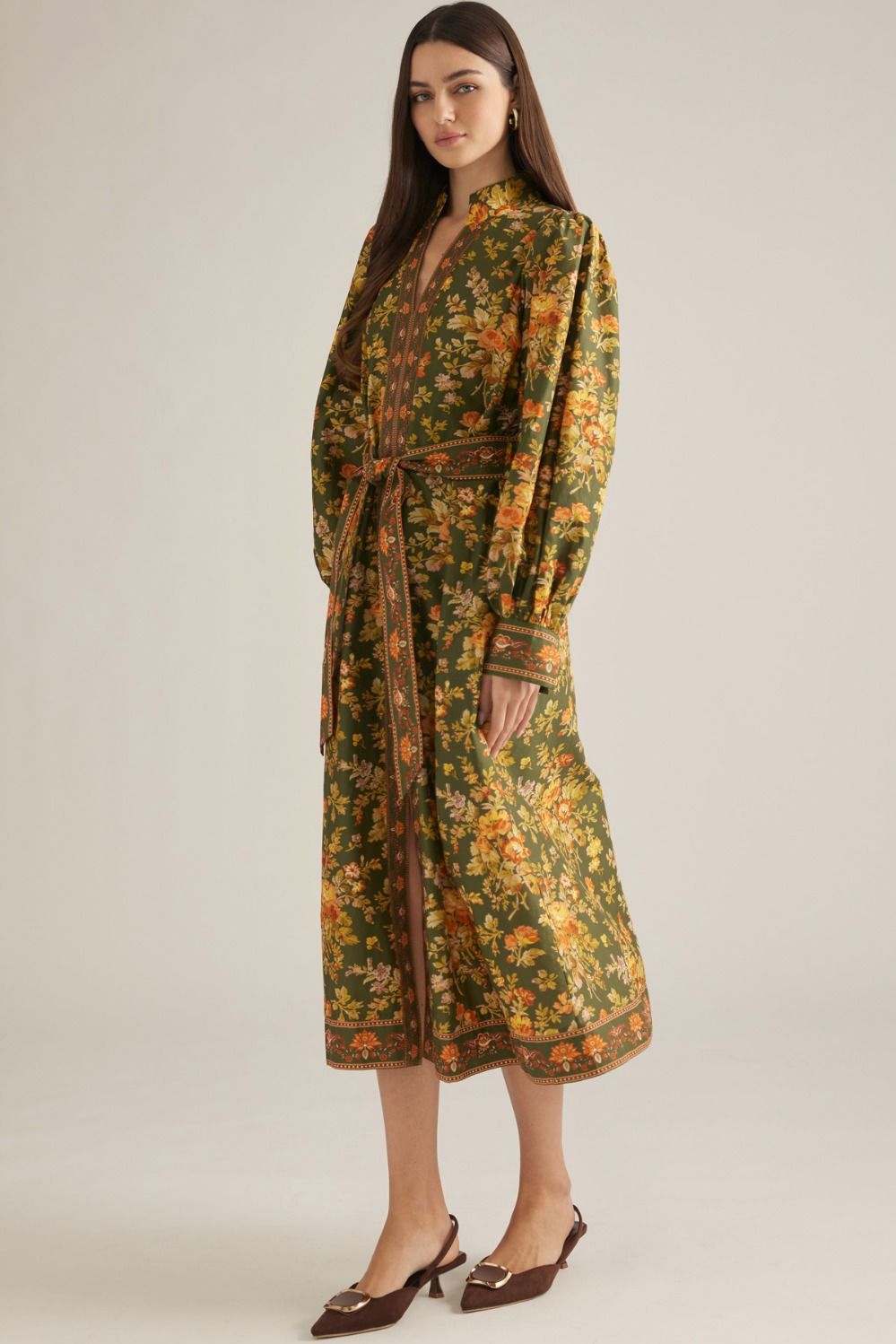 Floral Long Puff Sleeve Midi Dress
