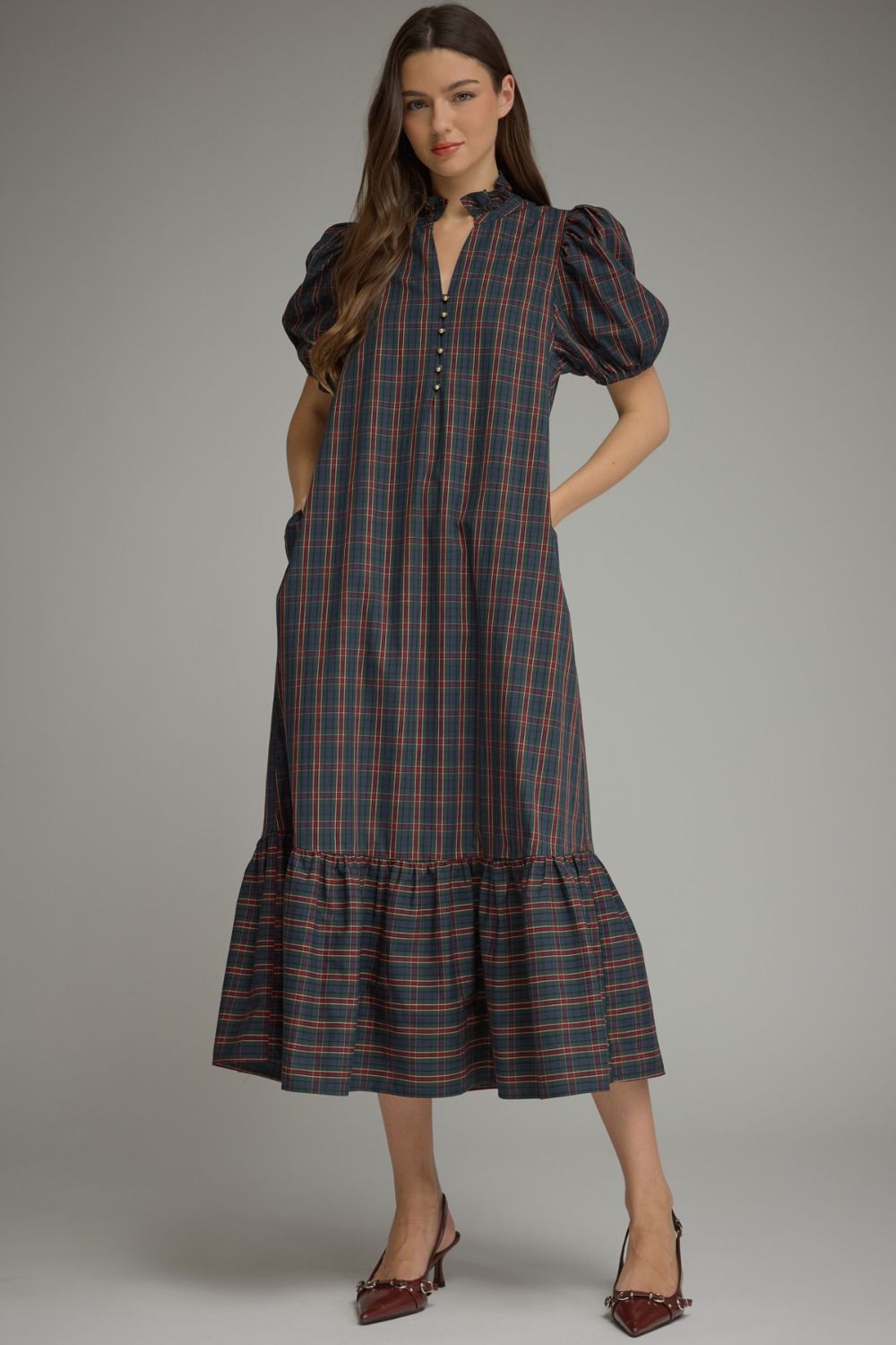 Green Plaid Short Puff Sleeve Midi Dress