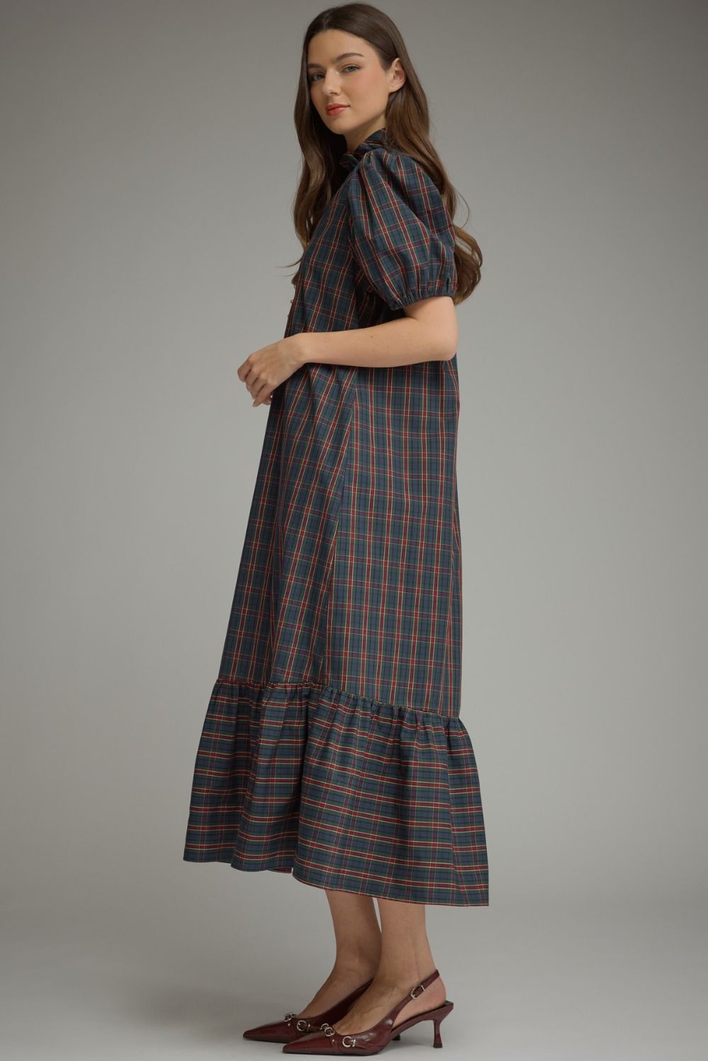 Green Plaid Short Puff Sleeve Midi Dress