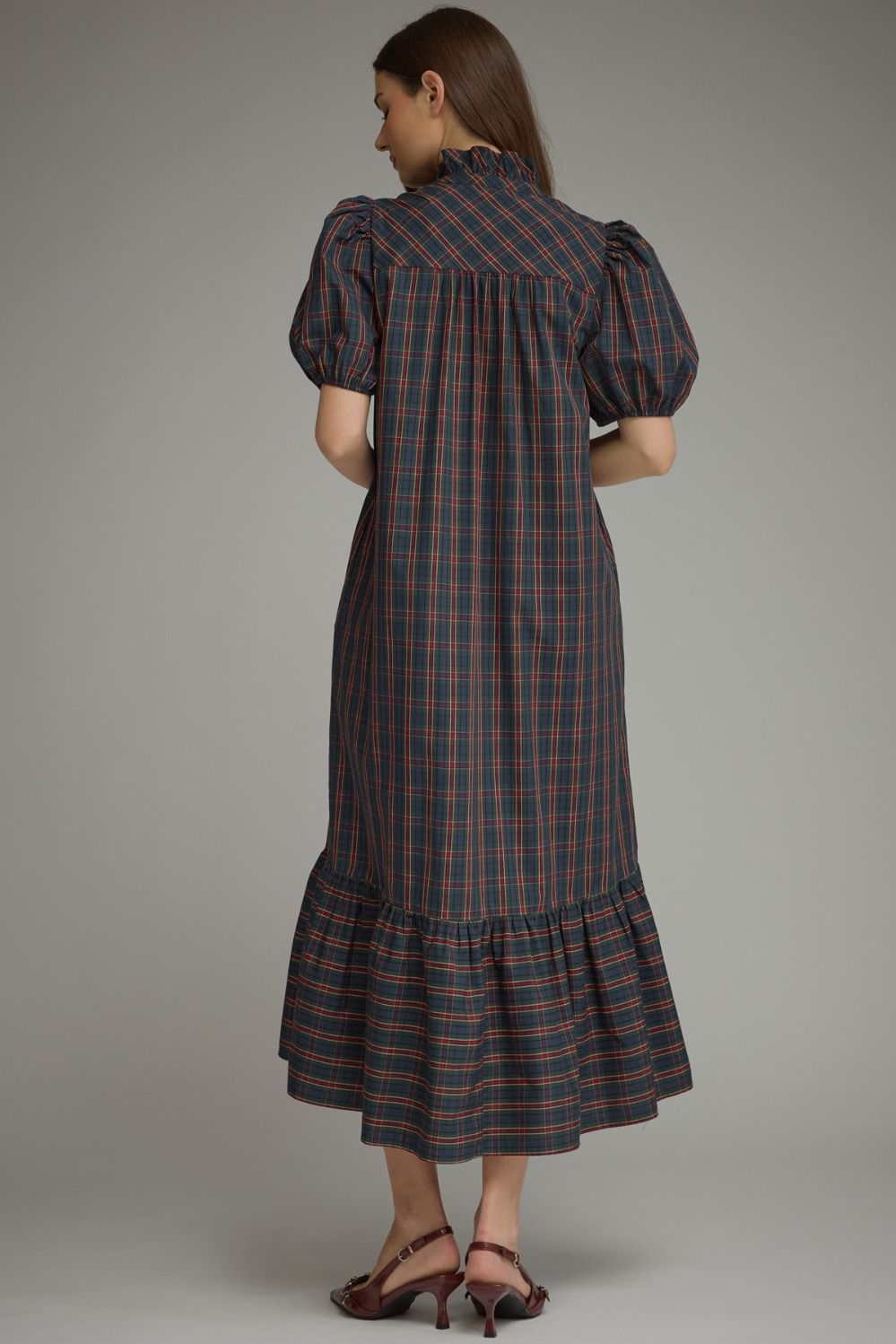 Green Plaid Short Puff Sleeve Midi Dress