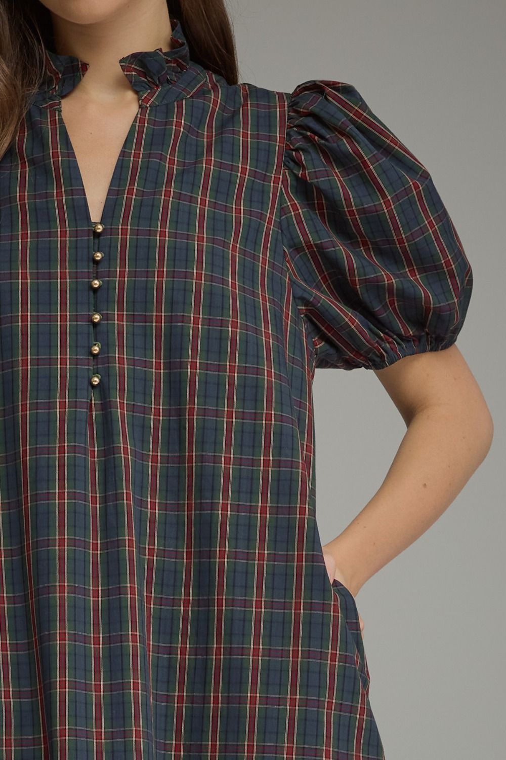 Green Plaid Short Puff Sleeve Midi Dress