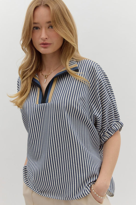 Dolman Sleeve Striped Top - Navy