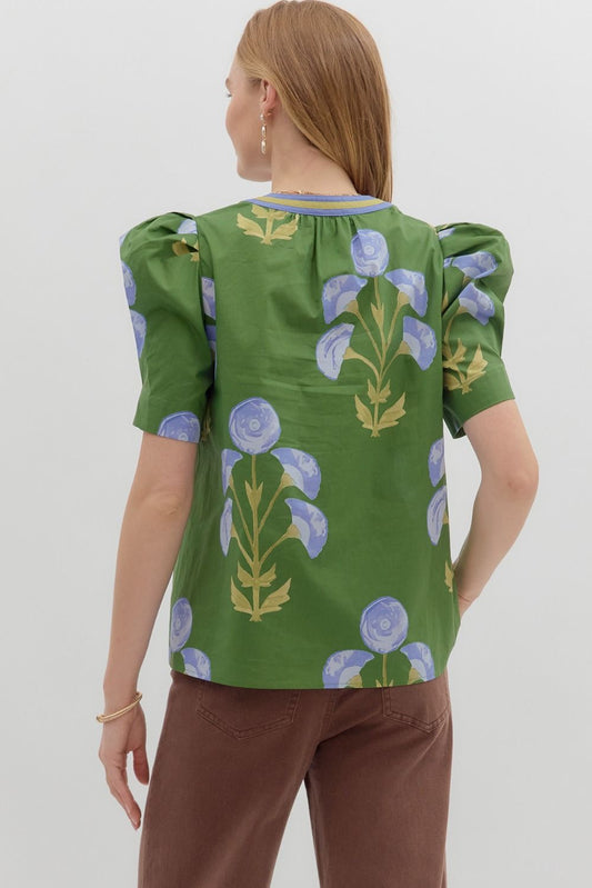 Green and Purple Floral Print Top
