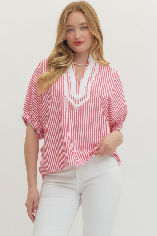 Pink Striped V Neck Top
