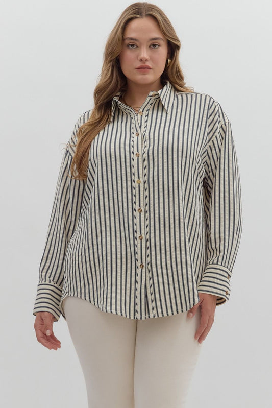 Navy and White Striped  Button Down Collar Shirt