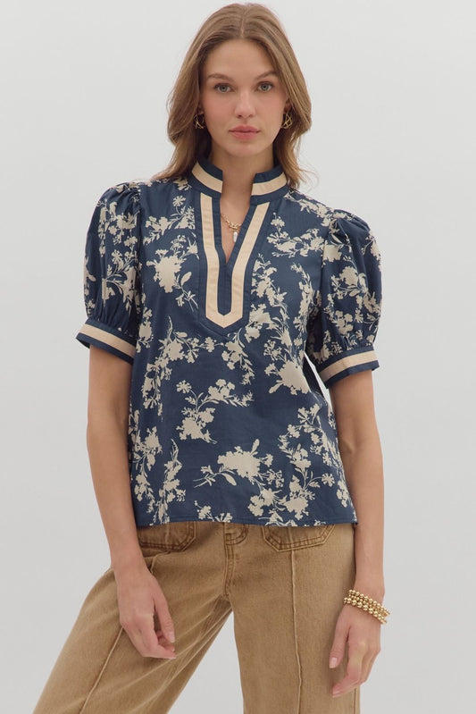 Navy Floral Print with Beige Contrast