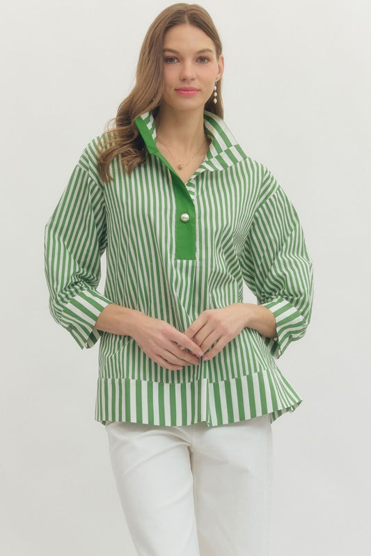 Green Stripe Placket Top
