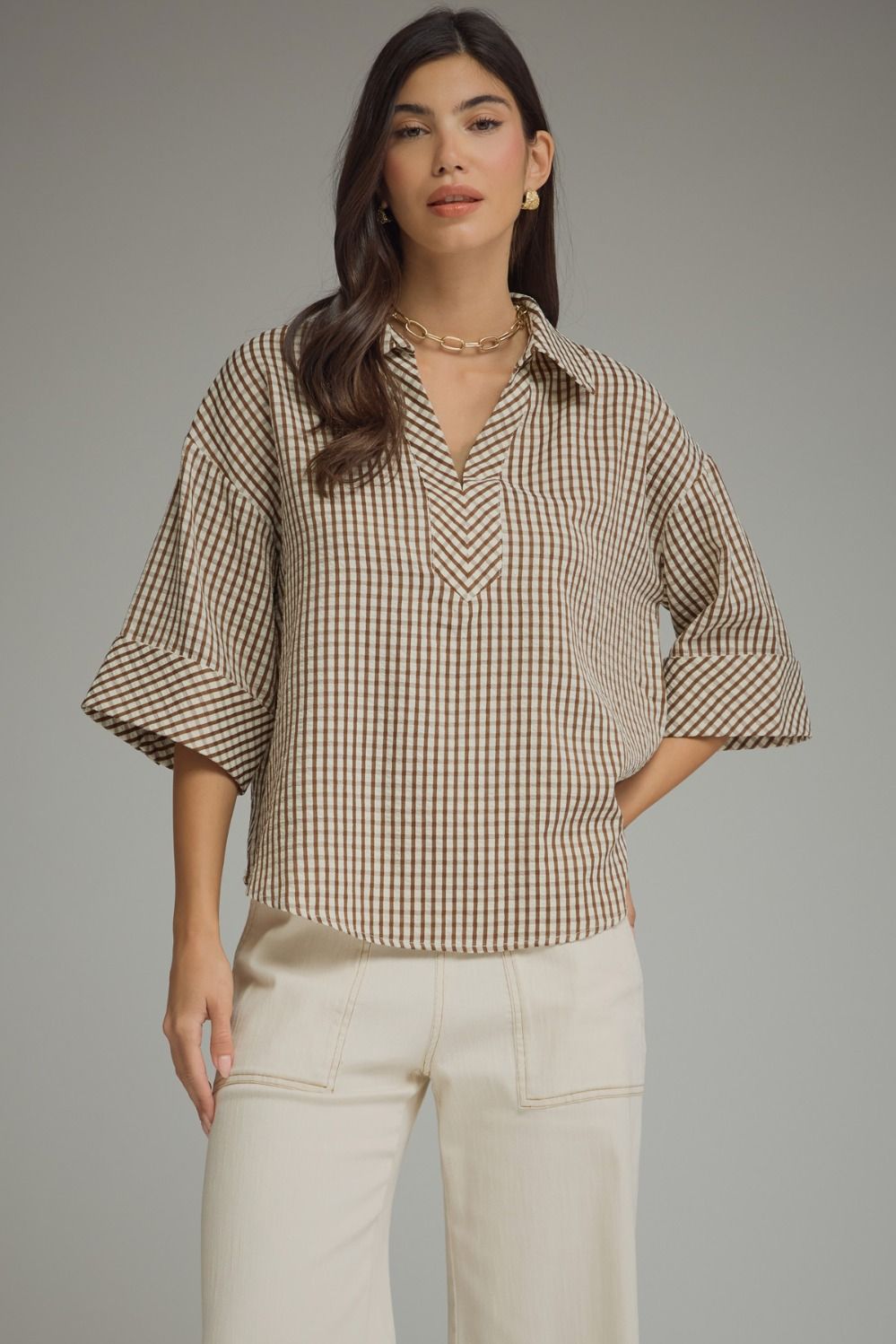 Brown Gingham 3/4 Sleeve Blouse