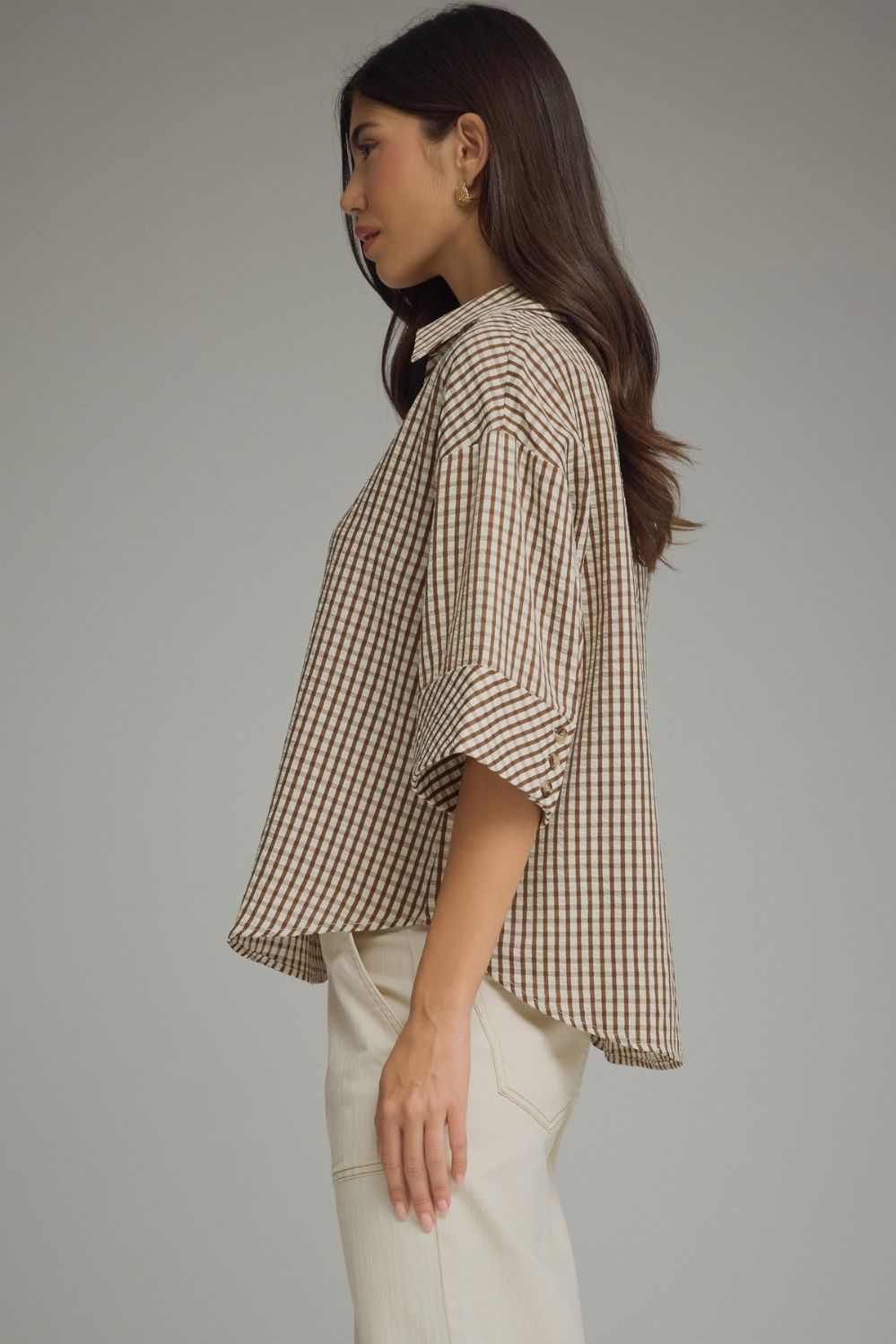 Brown Gingham 3/4 Sleeve Blouse