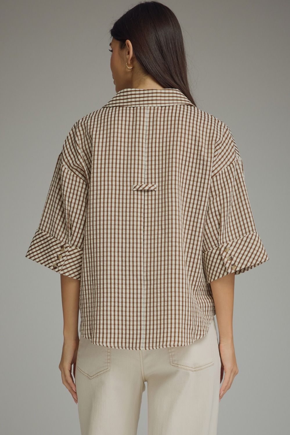 Brown Gingham 3/4 Sleeve Blouse