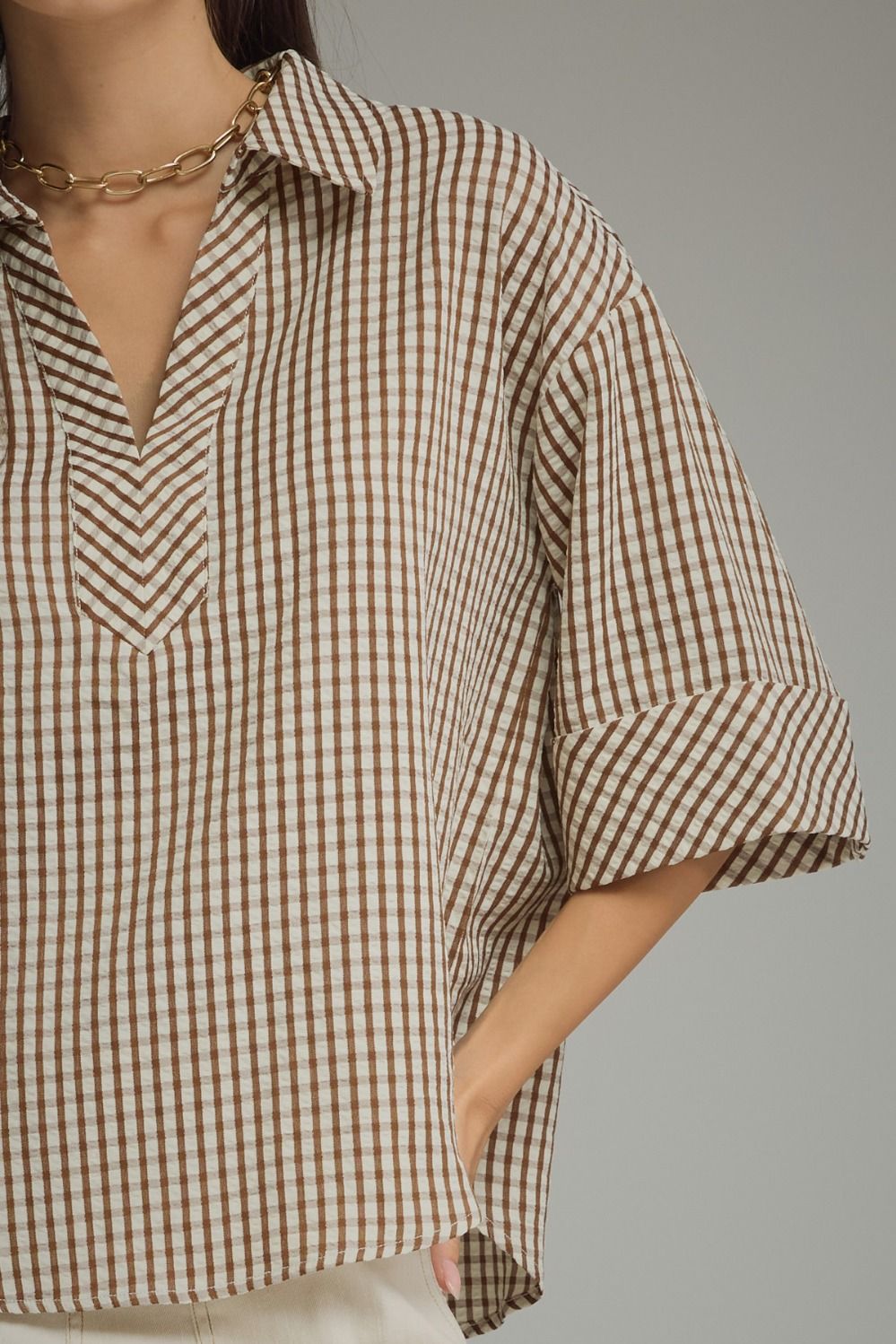 Brown Gingham 3/4 Sleeve Blouse