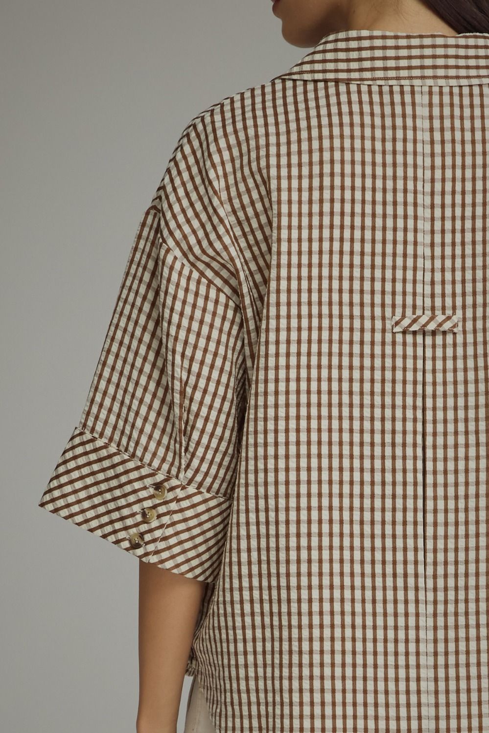 Brown Gingham 3/4 Sleeve Blouse
