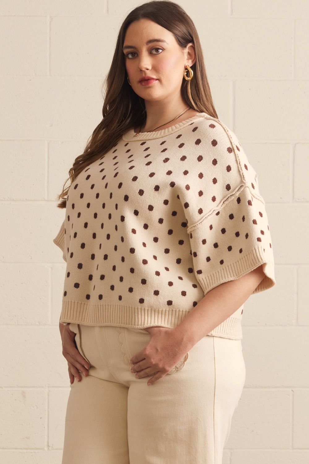 Polka Dot Short Sleeve Sweater Knit Top
