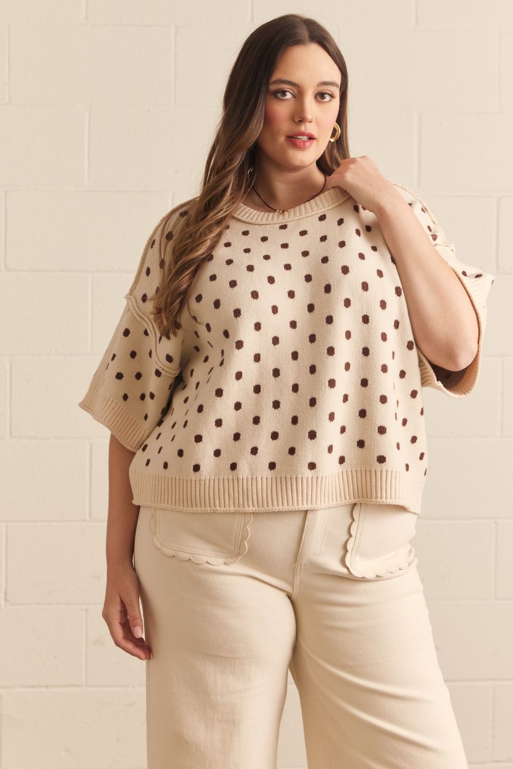 Polka Dot Short Sleeve Sweater Knit Top