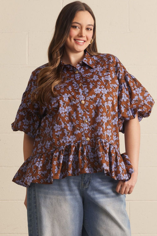 Brown and Blue Floral Blouse