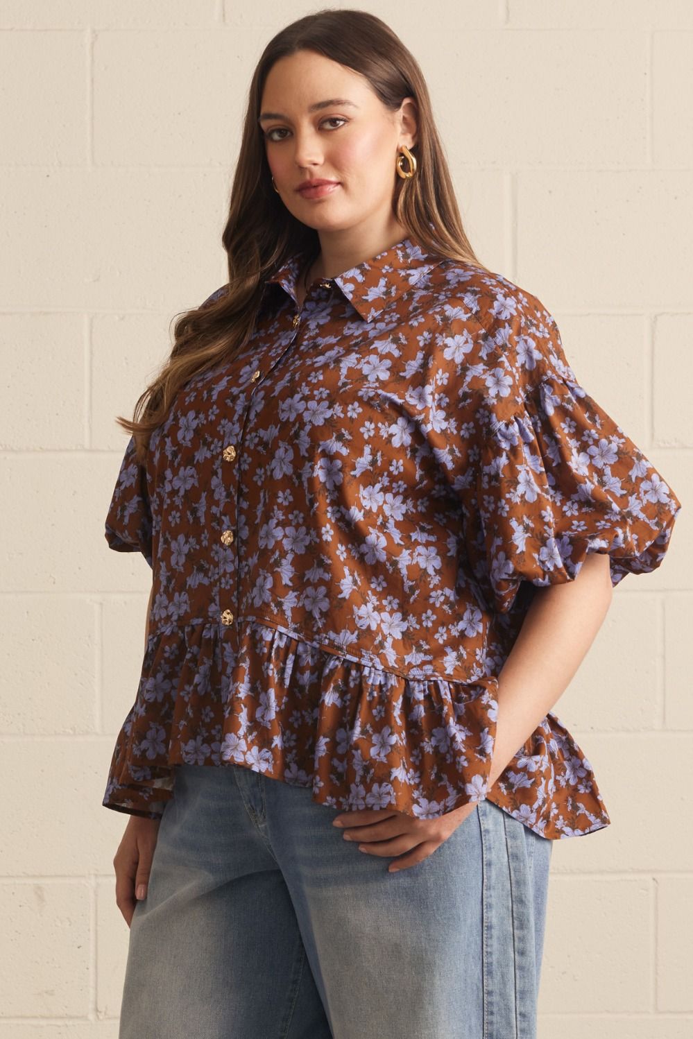 Brown and Blue Floral Blouse