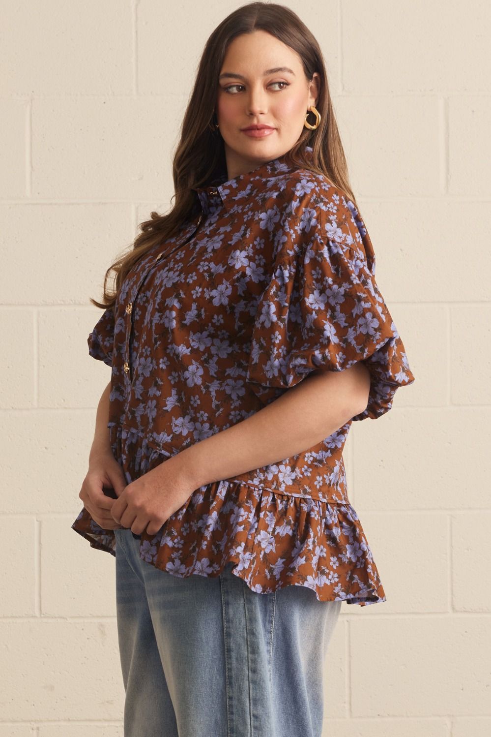 Brown and Blue Floral Blouse