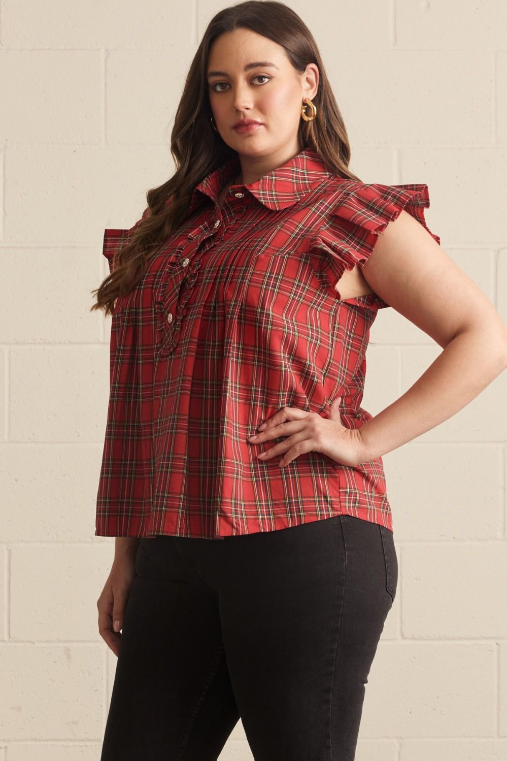 Plaid Beauty Flutter Sleeve Blouse