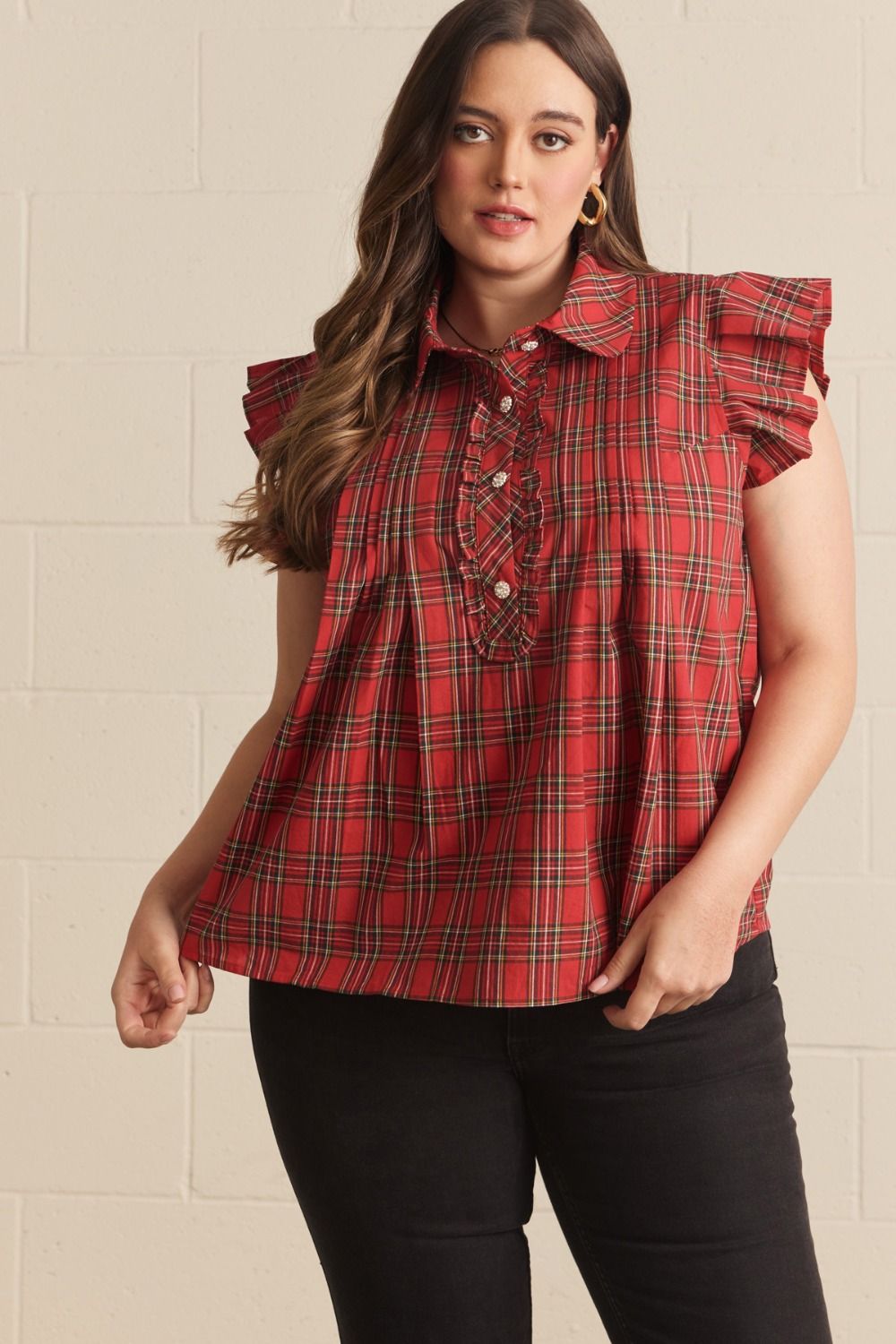 Plaid Beauty Flutter Sleeve Blouse