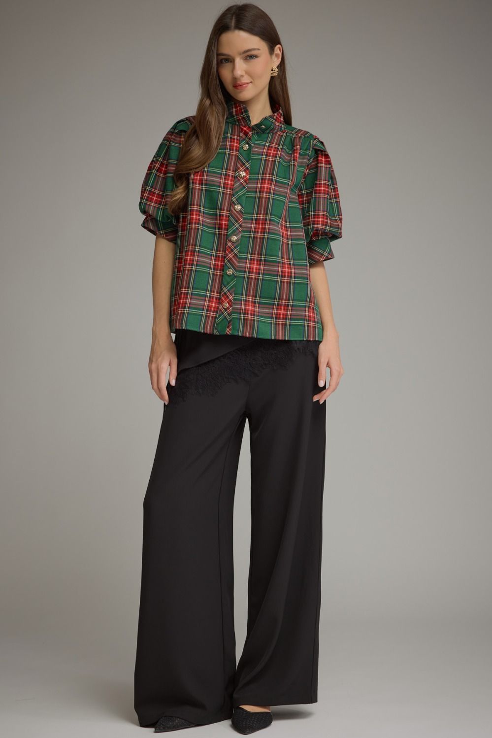 Green Plaid Short Puff Sleeve Top