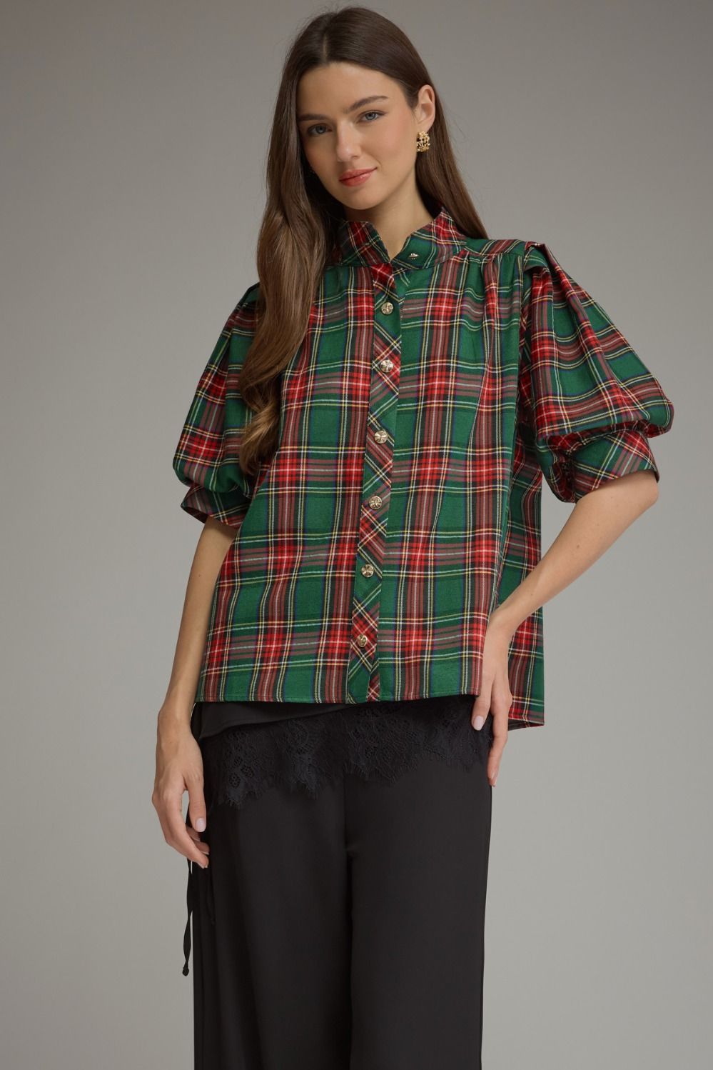 Green Plaid Short Puff Sleeve Top