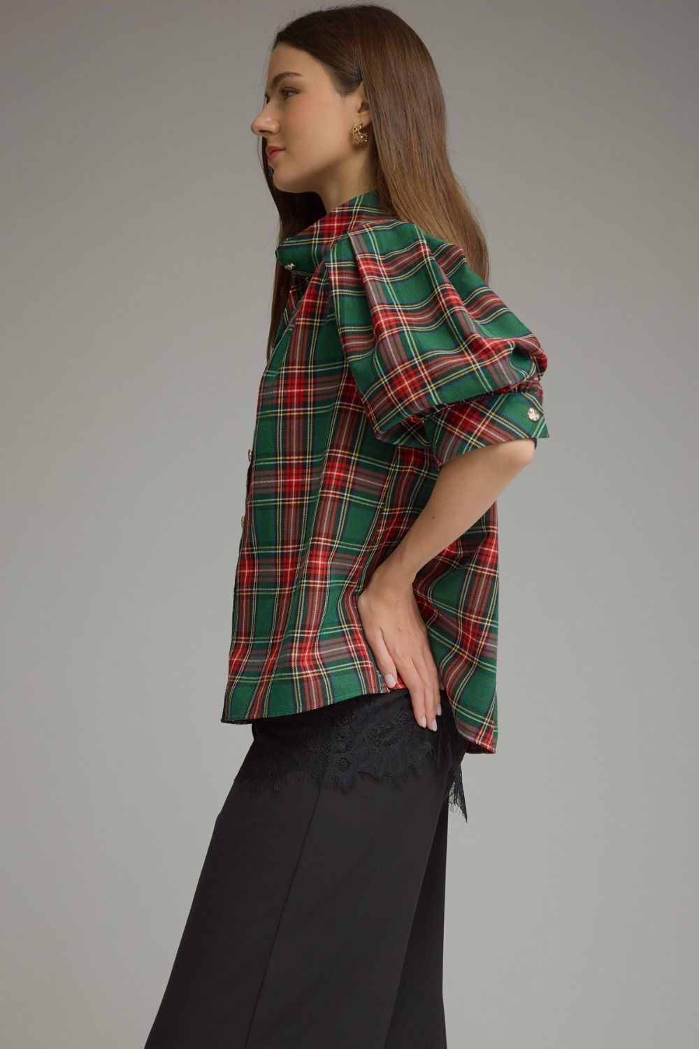 Green Plaid Short Puff Sleeve Top
