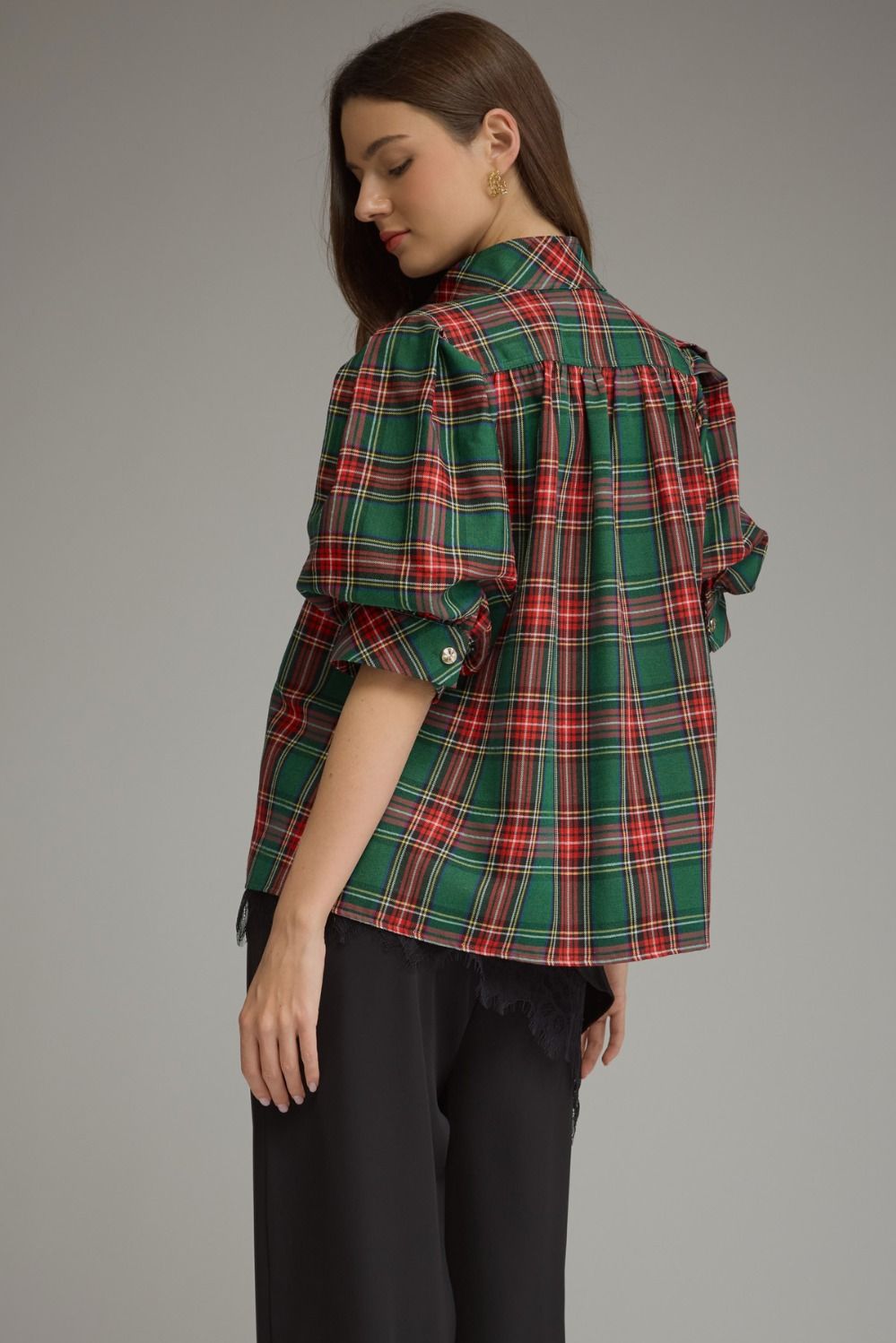 Green Plaid Short Puff Sleeve Top