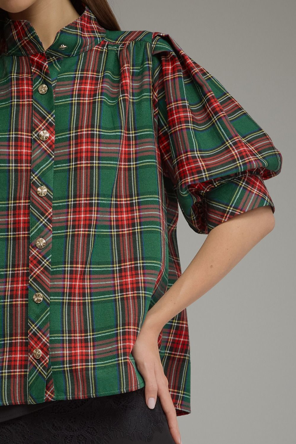 Green Plaid Short Puff Sleeve Top