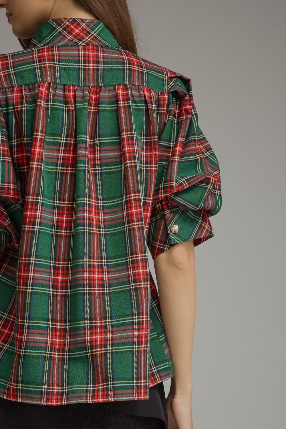 Green Plaid Short Puff Sleeve Top