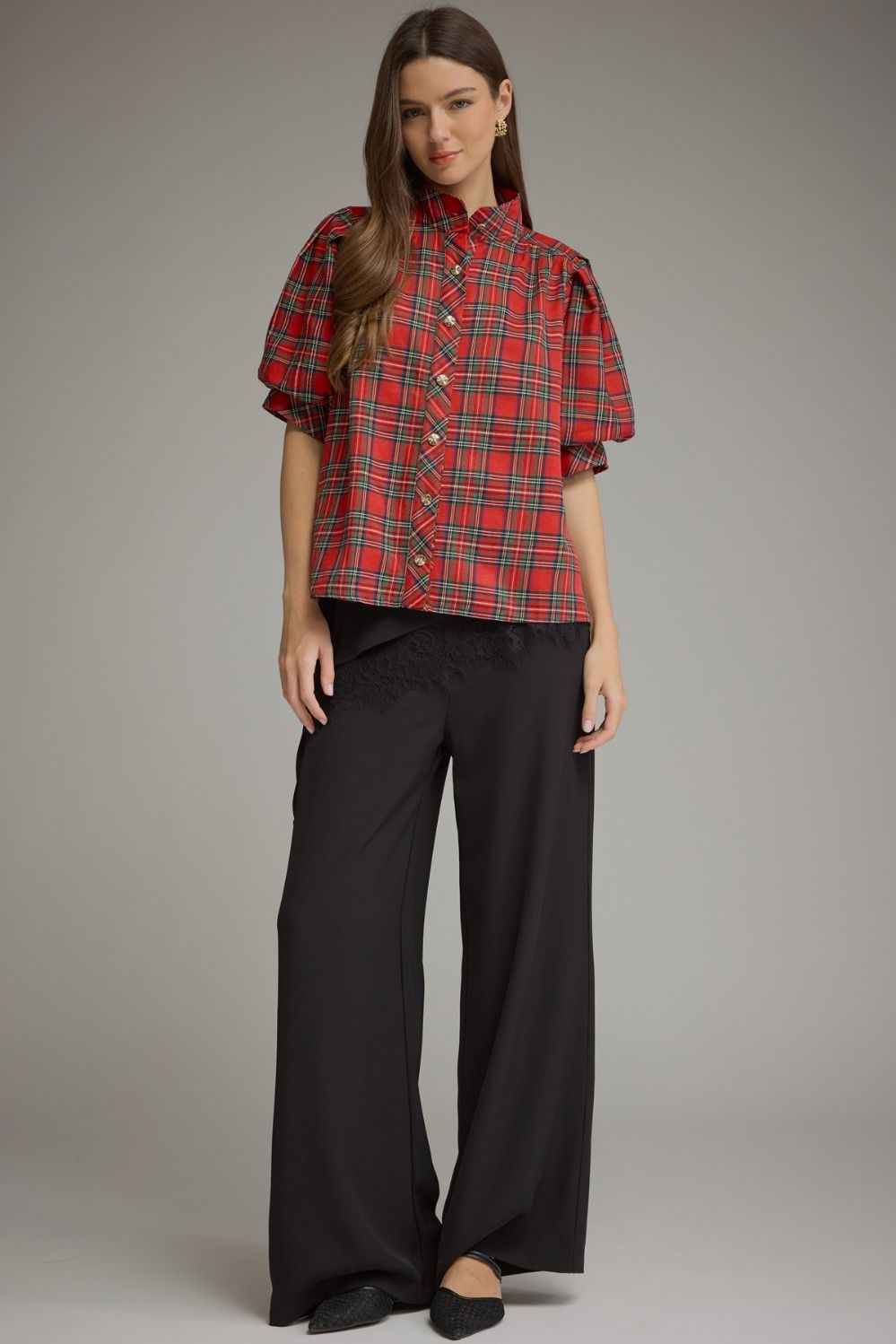 Red Plaid Short Puff Sleeve Top