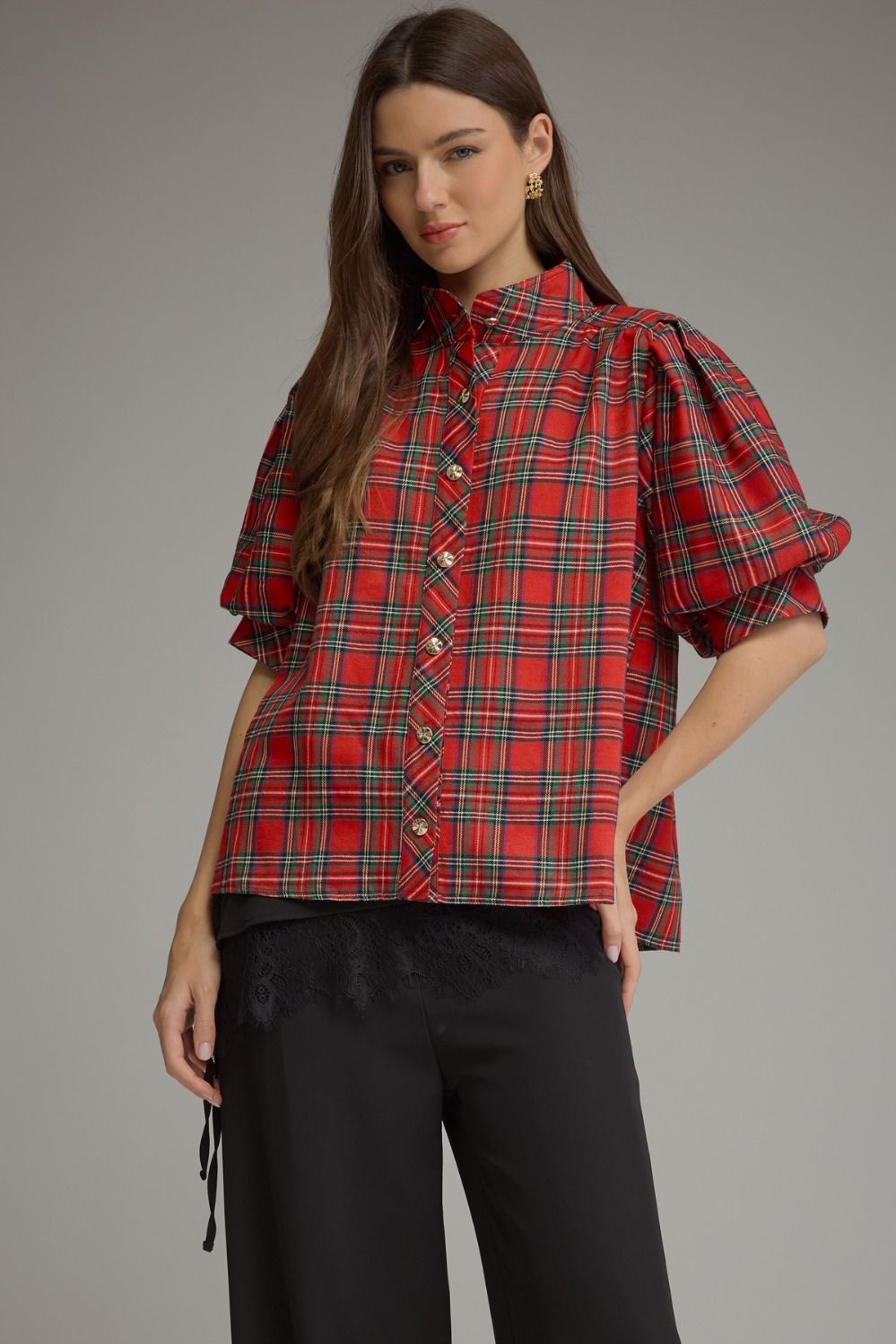 Red Plaid Short Puff Sleeve Top